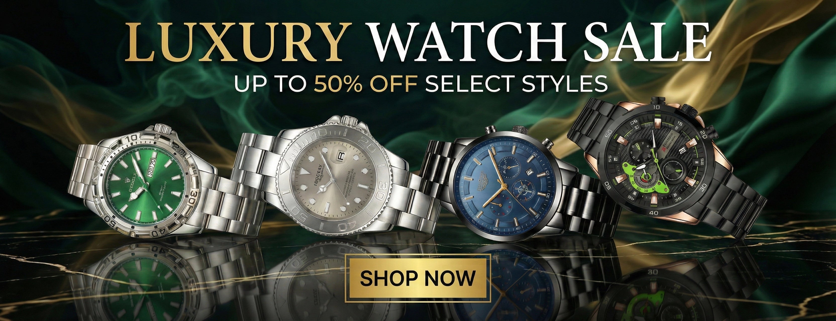 Advertisement for a luxury watch sale with four watches displayed on a reflective surface.