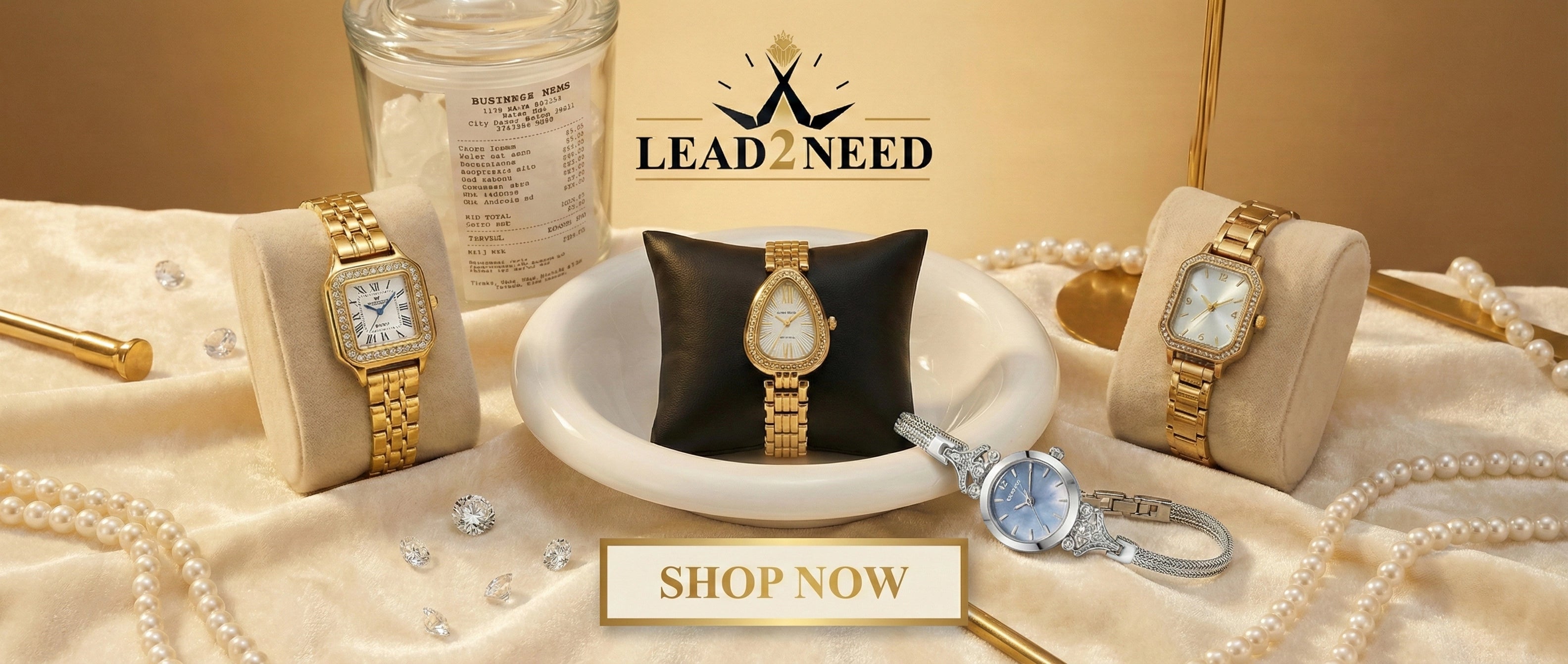 Jewelry set with watches and a ring on a beige surface, featuring the Lead2Need brand.